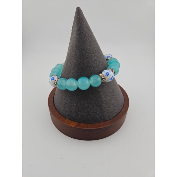 Aqua Blue Round Beaded Stretch Bracelet Floral Accent Chunky Stackable Coquette - Picture 1 of 2